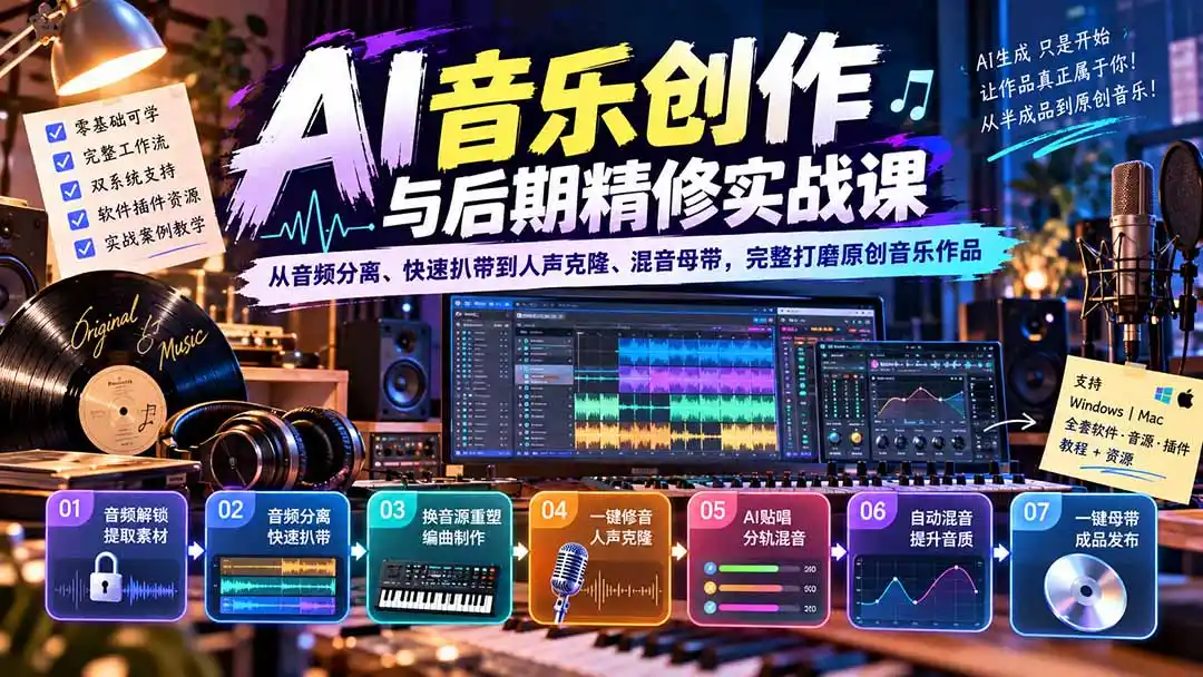 AI音乐创作与后期精修实战课：从音频分离、快速扒带到人声克隆、混音母带，完整打磨原创音乐作品-得宝资源站
