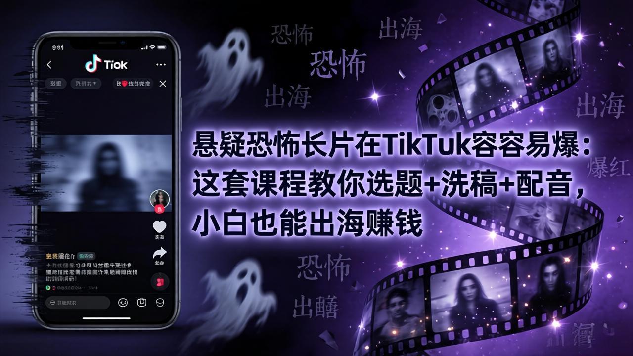 悬疑恐怖长片在TikTok最容易爆：这套课程教你选题+洗稿+配音，小白也能出海赚钱-得宝资源站