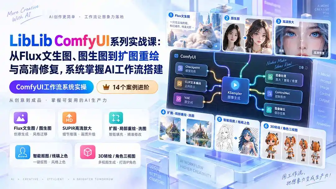 LibLib ComfyUI系列实战课：从Flux文生图、图生图到扩图重绘与高清修复，系统掌握AI工作流搭建-得宝资源站