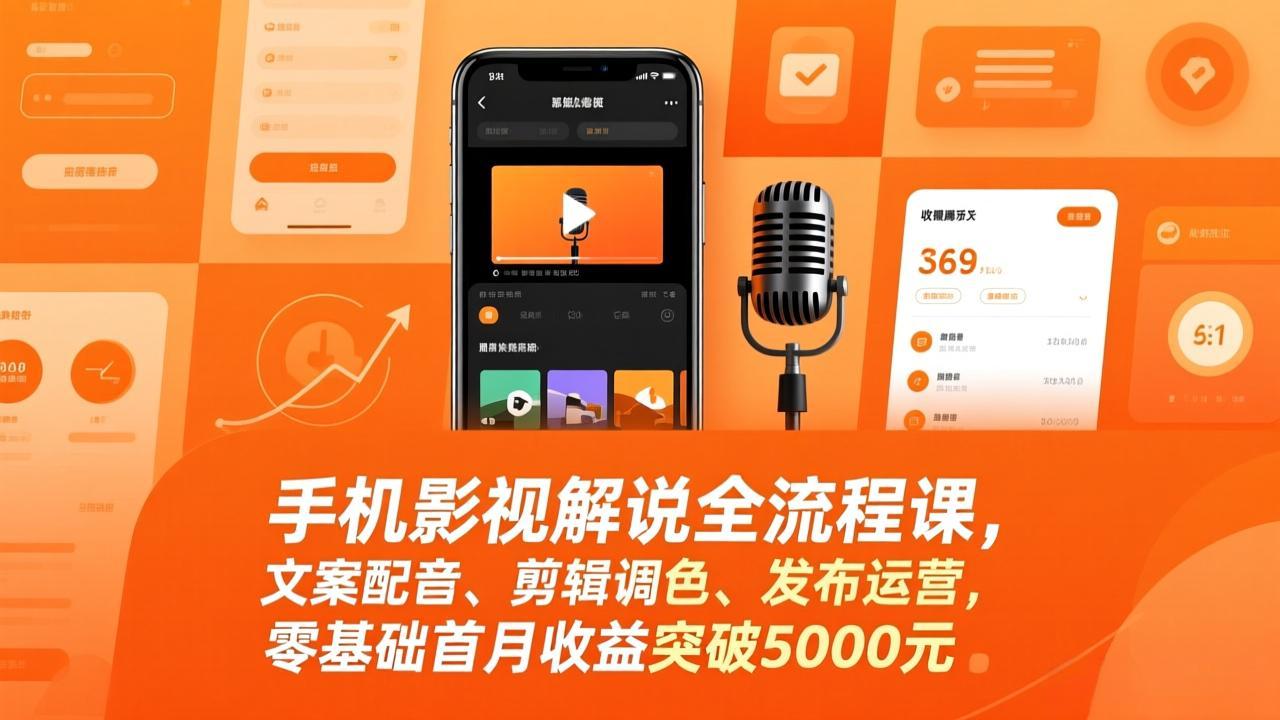 手机影视解说全流程课，文案配音、剪辑调色、发布运营，零基础首月收益突破5000元-得宝资源站
