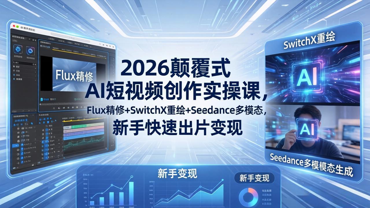 2026颠覆式 AI短视频创作课-5月更新，Flux精修+SwitchX重绘+Seedance多模态，新手快速出片变现-得宝资源站