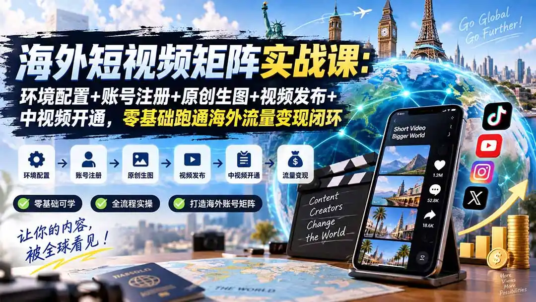 海外短视频矩阵实战课：环境配置+账号注册+原创生图+视频发布+中视频开通，零基础跑通海外流量变现闭环-得宝资源站