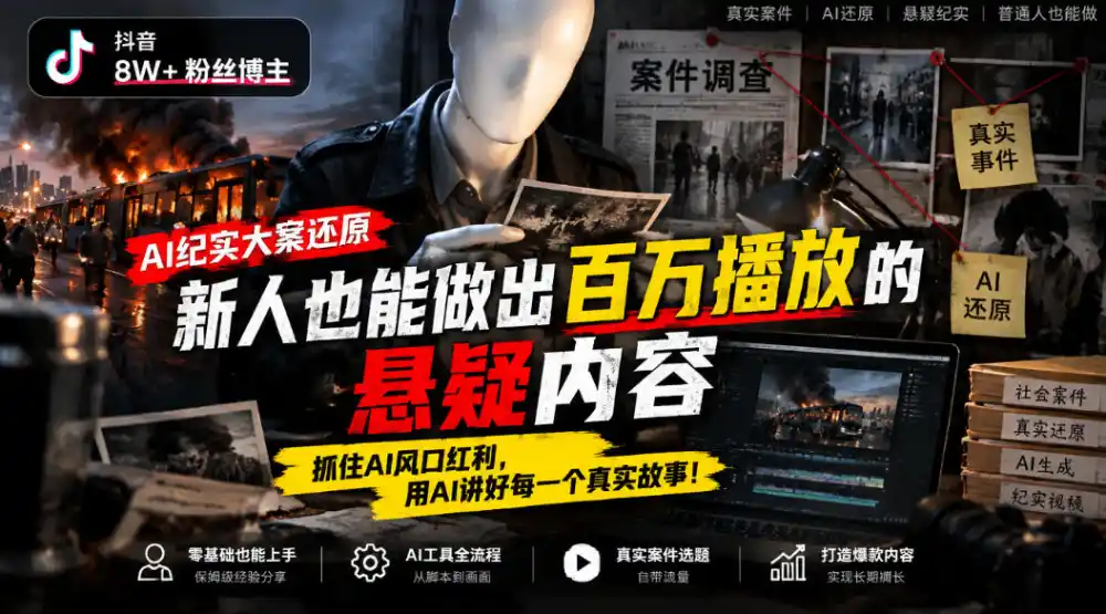 抖音8W粉丝博主的AI纪实大案还原教学，新人也能做出百W播放的悬疑内容，抓住AI风口红利，用AI讲好每一个真实故事-得宝资源站