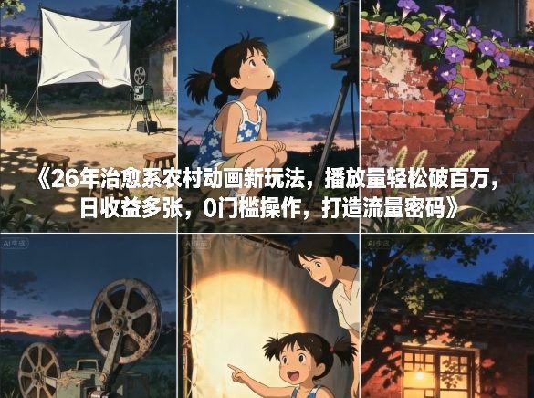 26年治愈系农村动画新玩法，播放量轻松破百万，日收益多张，0门槛操作，打造流量密码-得宝资源站