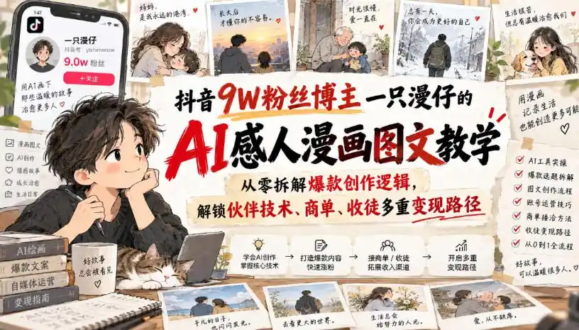 抖音9W粉丝博主一只漫仔的AI感人漫画图文教学，从零拆解爆款创作逻辑，解锁伙伴技术、商单、收徒多重变现路径-得宝资源站