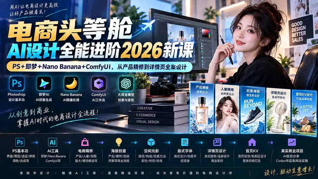 电商头等舱AI设计全能进阶2026新课：PS+即梦+Nano Banana+ComfyUI，从产品精修到详情页全案设计-得宝资源站