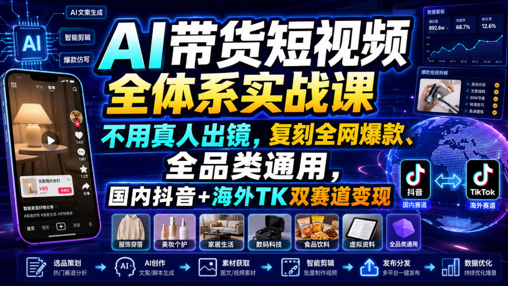 AI带货短视频全体系实战课，不用真人出镜，复刻全网爆款、全品类通用，国内抖音+海外TK双赛道变现-得宝资源站